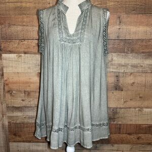 🌻 POL Mineral Wash Tunic w/ Crochet Cut Outs Ruffle Tunic Top Boho Chic